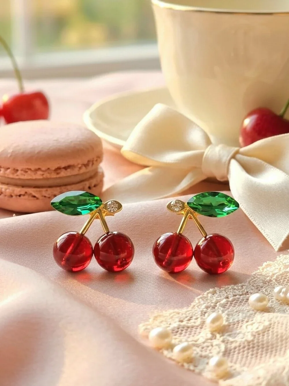 Red Cherry Acrylic Stud Earrings Gold Tone 925 Silver Post Coquette Coconut Girl